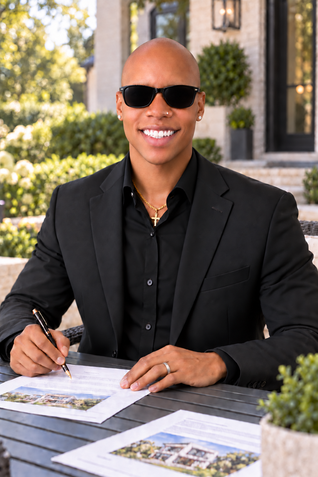 Brandon J. Alexander reviewing property paperwork outdoors